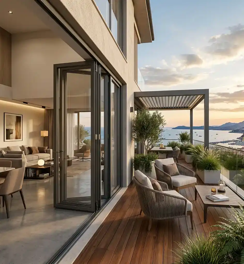 Spacious aluminium bi-fold doors connecting the living room to a garden terrace