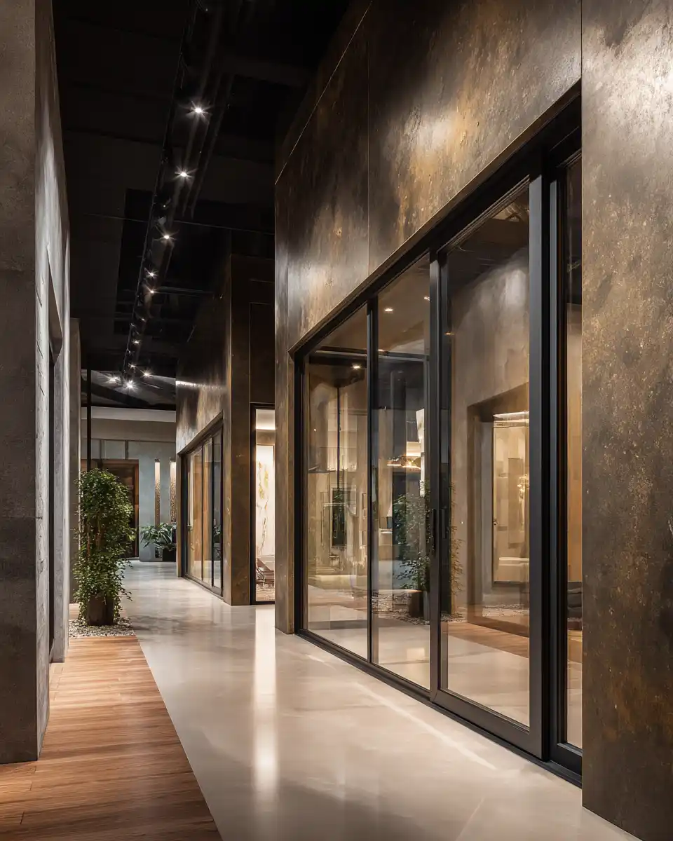 Elegant aluminium casement doors with large glass panels installed in a commercial showroom