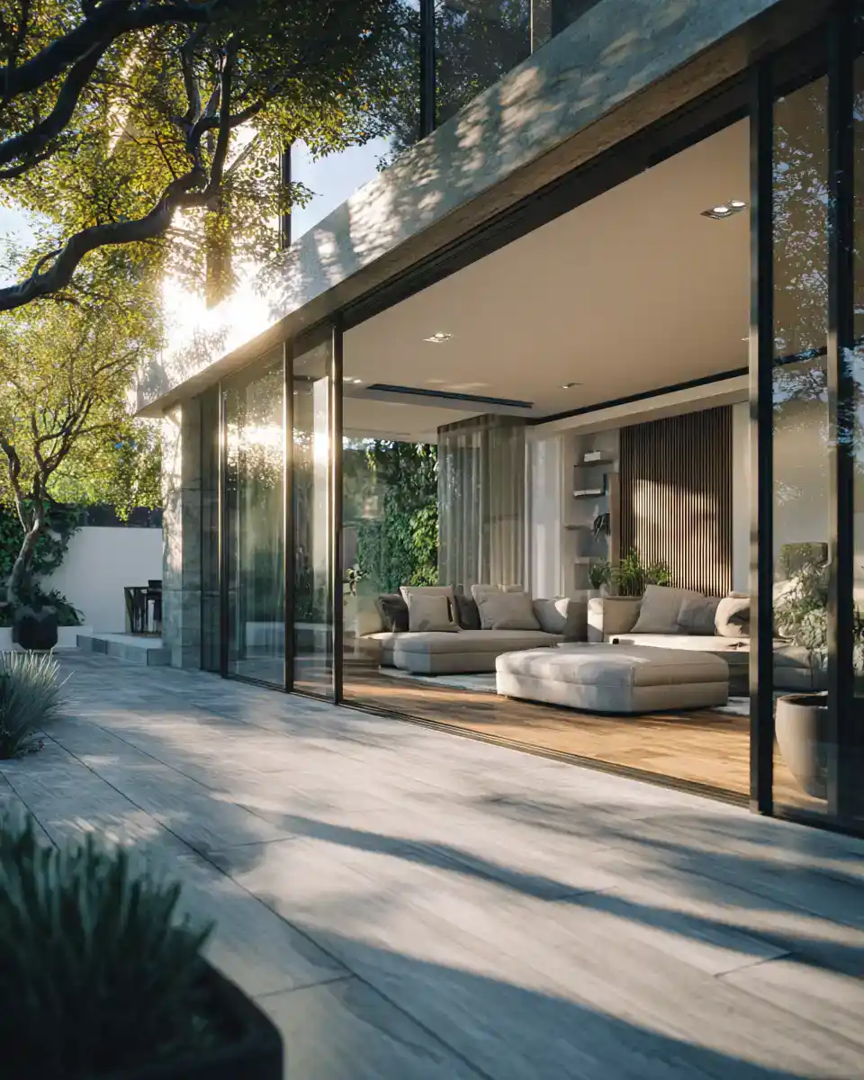 Large aluminium sliding patio doors opening to a balcony in a luxury home installation