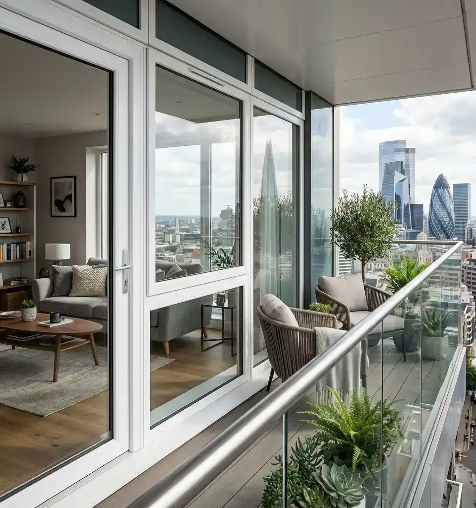 uPVC balcony windows with sliding shutters installed in a high-rise apartment