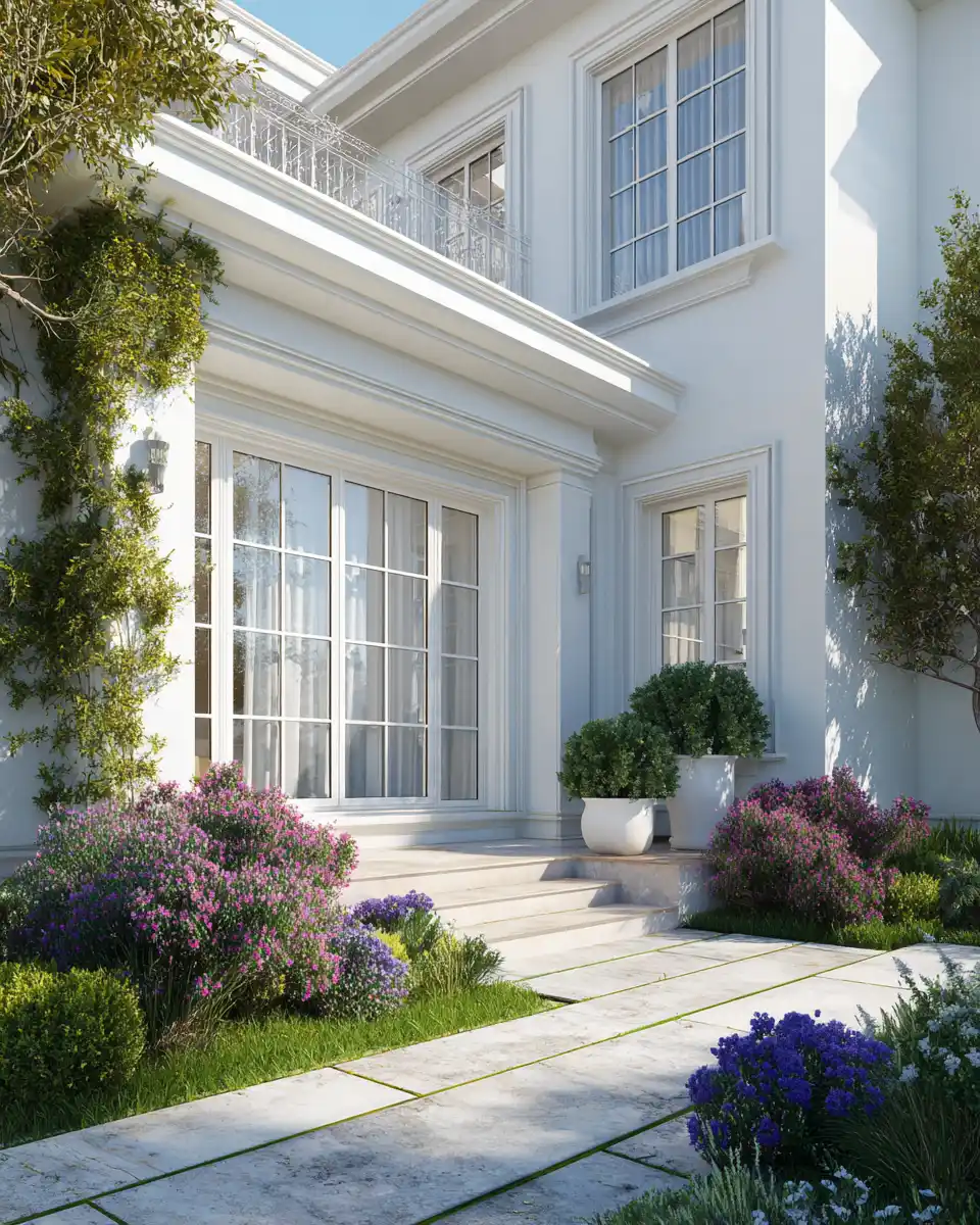 White uPVC casement windows with integrated mosquito mesh installed in a private villa exterior
