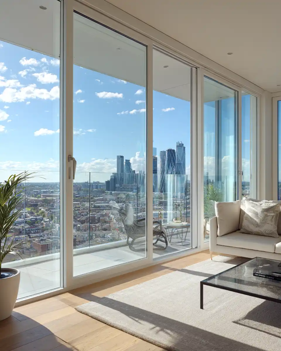 Premium uPVC sliding windows with grey frames installed in modern residential apartment by ENMAKK